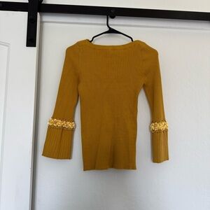 Stellah Long Bell Sleeve Top Ribbed Stretch Mustard Beaded Hippie Festival boho